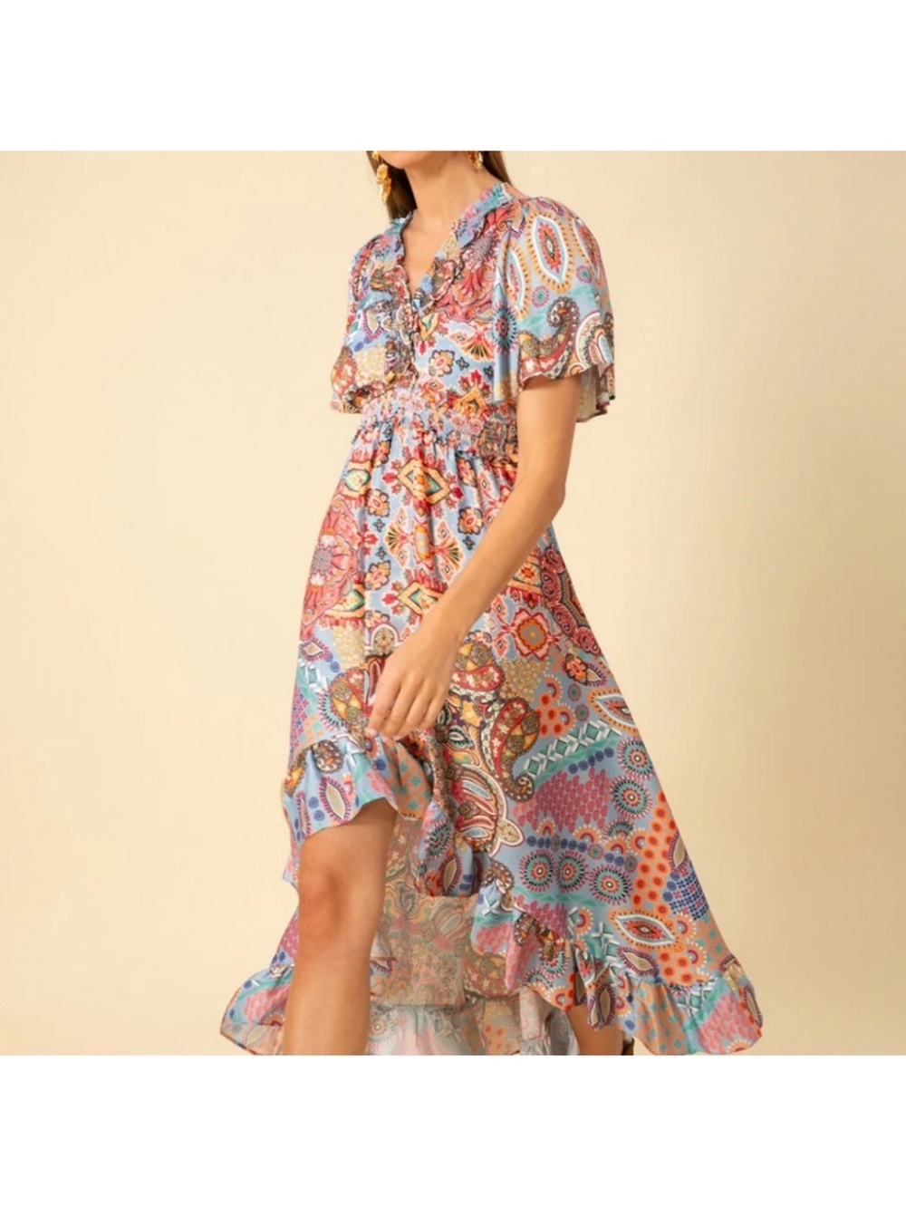 Hale Bob Serena Hi-Lo Multicolor Ruffle Dress Medium